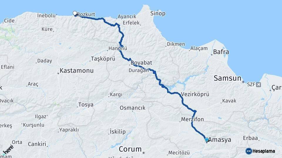 Amasya Abana Kastamonu Arası Kaç Km - Yol Haritası