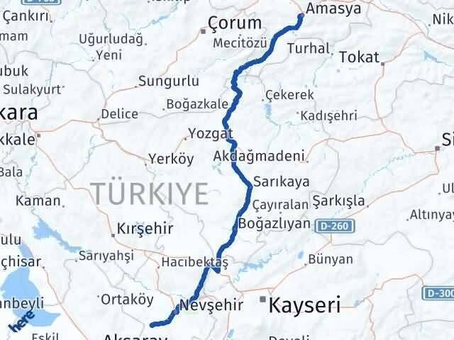 Amasya Acıgöl Nevşehir Arası Kaç Km - Yol Haritası