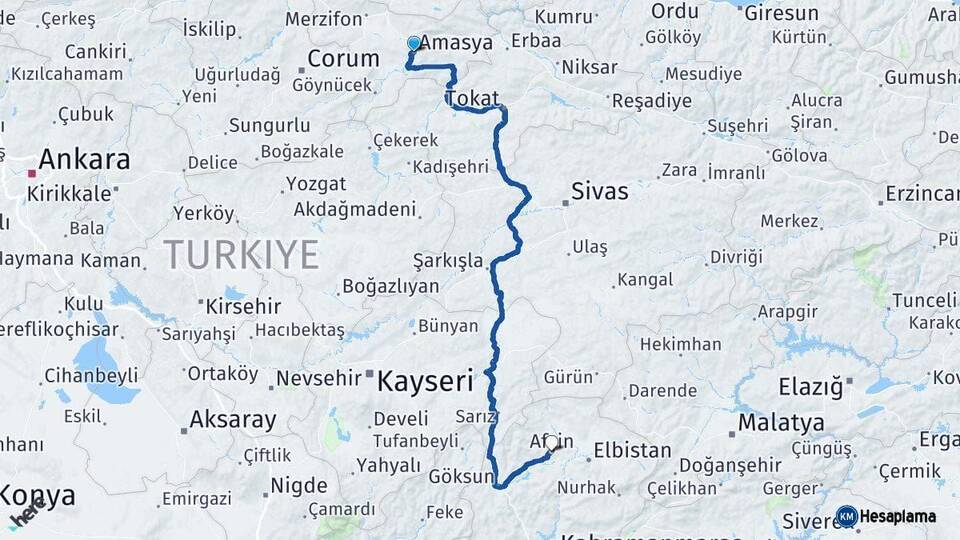 Amasya Afşin Kahramanmaraş Arası Kaç Km - Yol Haritası