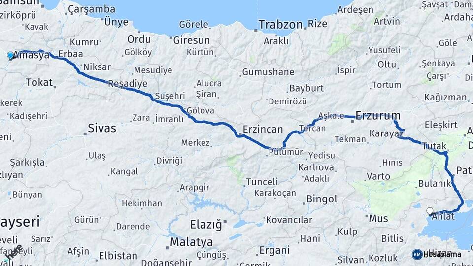 Amasya Ahlat Bitlis Arası Kaç Km - Yol Haritası