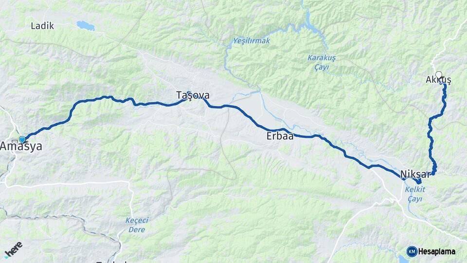 Amasya Akkuş Ordu Arası Kaç Km - Yol Haritası