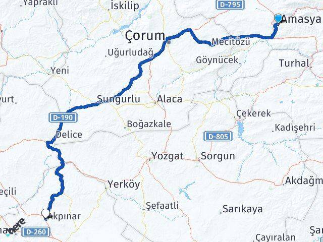 Amasya Akpınar Kırşehir Arası Kaç Km - Yol Haritası