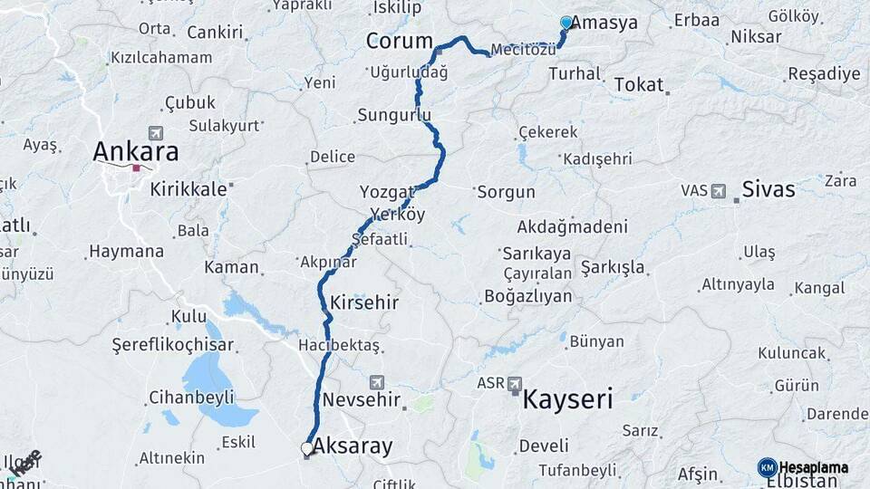 Amasya Aksaray Arası Kaç Km - Yol Haritası