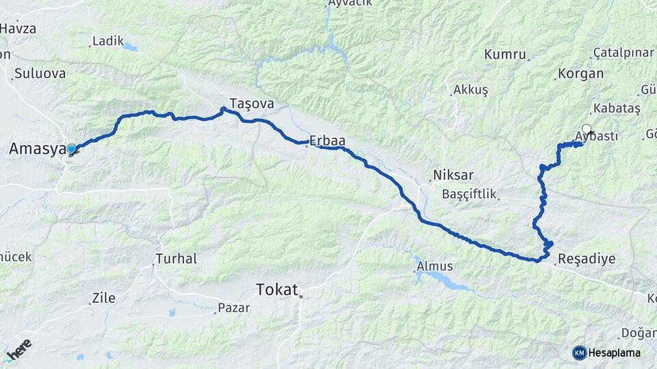 Amasya Alacalar Aybastı Ordu Arası Kaç Km - Yol Haritası