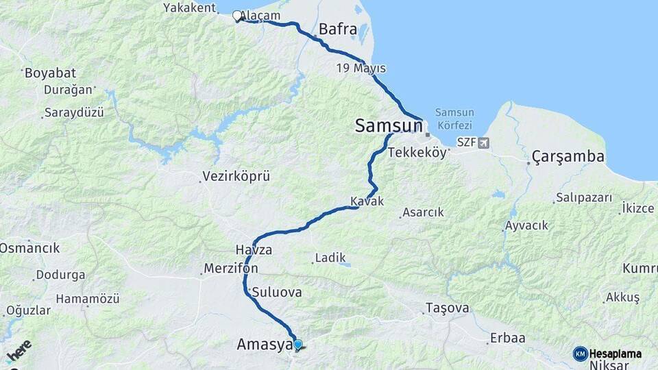 Amasya Alaçam Samsun Arası Kaç Km - Yol Haritası