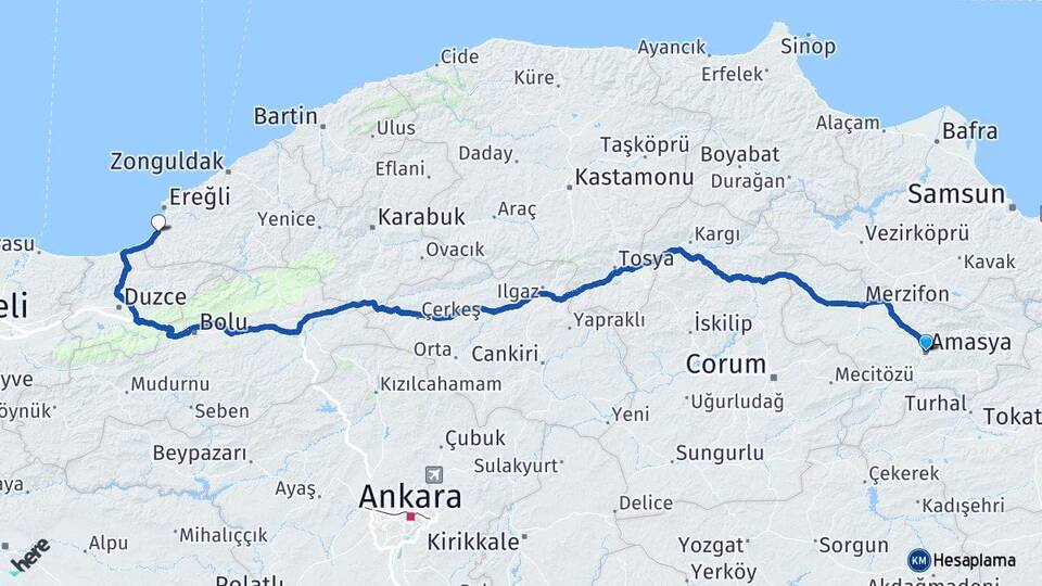 Amasya Alaplı Zonguldak Arası Kaç Km - Yol Haritası