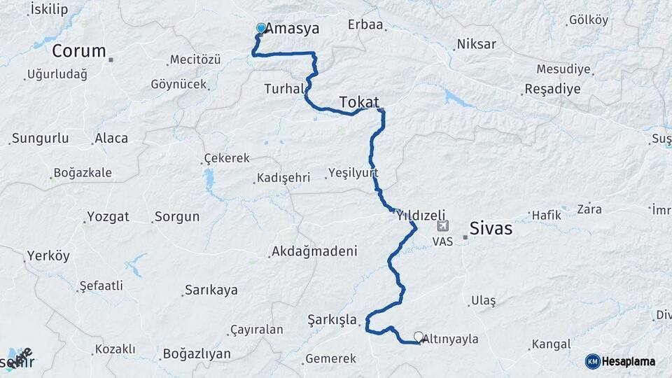 Amasya Altınyayla Sivas Arası Kaç Km - Yol Haritası
