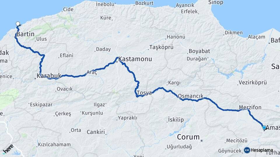 Amasya Amasra Bartın Arası Kaç Km - Yol Haritası