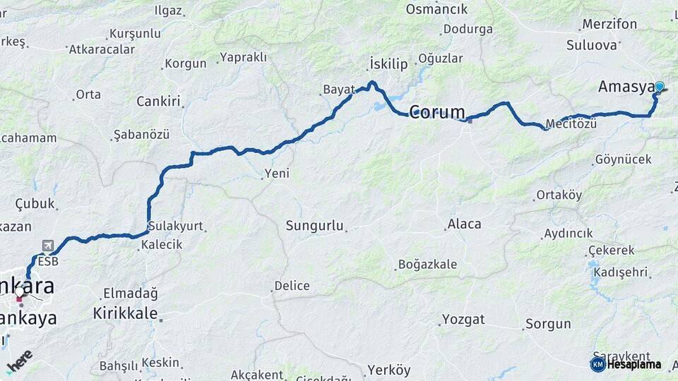 Amasya Ankara Arası Kaç Km - Yol Haritası