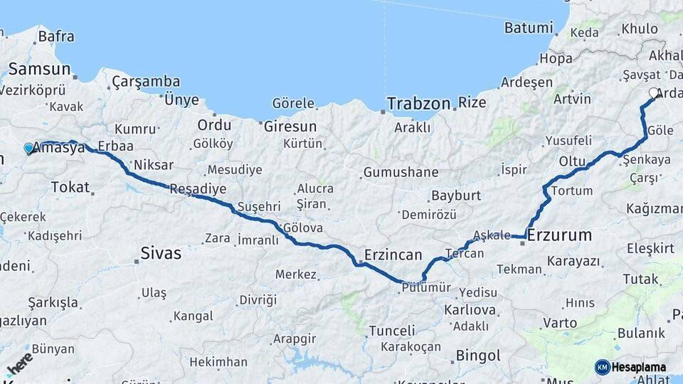 Amasya Ardahan Arası Kaç Km - Yol Haritası
