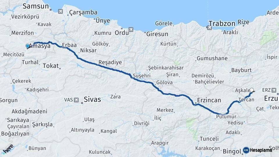 Amasya Aşkale Erzurum Arası Kaç Km - Yol Haritası