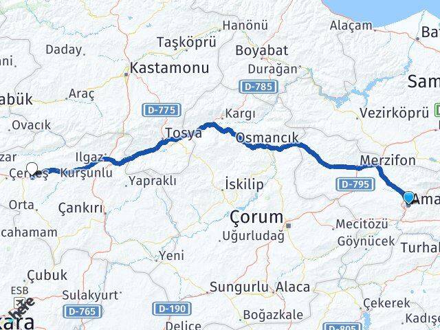 Amasya Atkaracalar Çankırı Arası Kaç Km - Yol Haritası