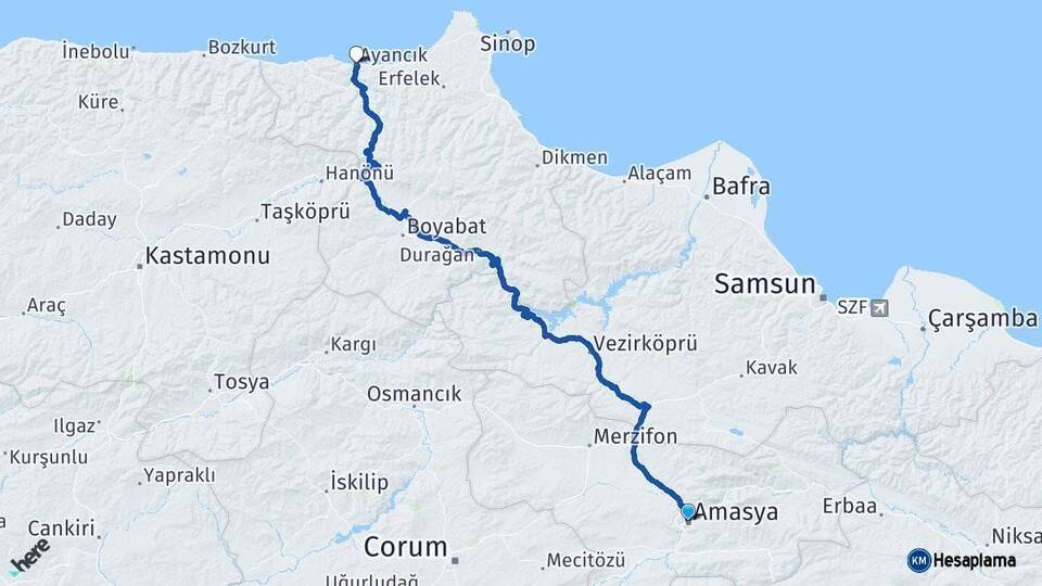 Amasya Ayancık Sinop Arası Kaç Km - Yol Haritası