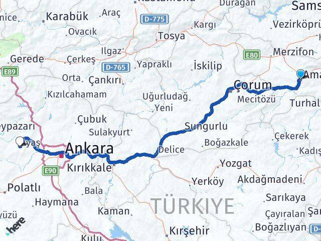 Amasya Ayaş Ankara Arası Kaç Km - Yol Haritası