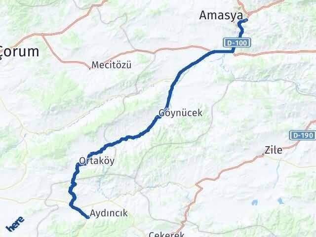 Amasya Aydıncık Yozgat Arası Kaç Km - Yol Haritası