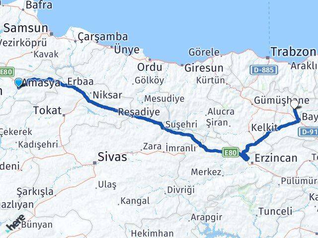 Amasya Aydıntepe Bayburt Arası Kaç Km - Yol Haritası