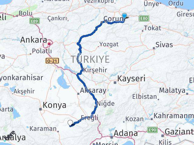 Amasya Ayrancı Karaman Arası Kaç Km - Yol Haritası