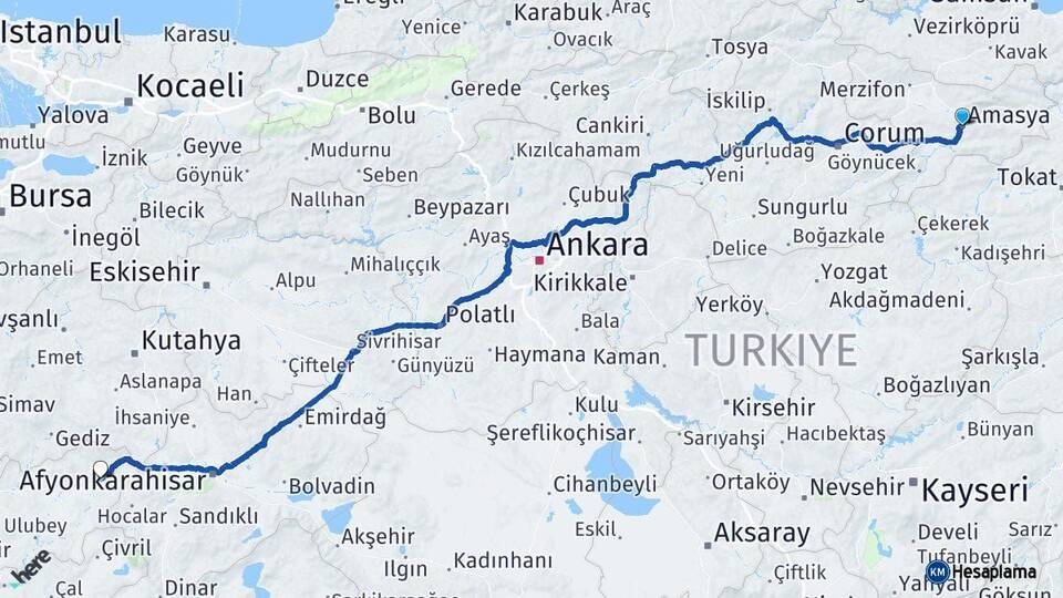 Amasya Banaz Uşak Arası Kaç Km - Yol Haritası