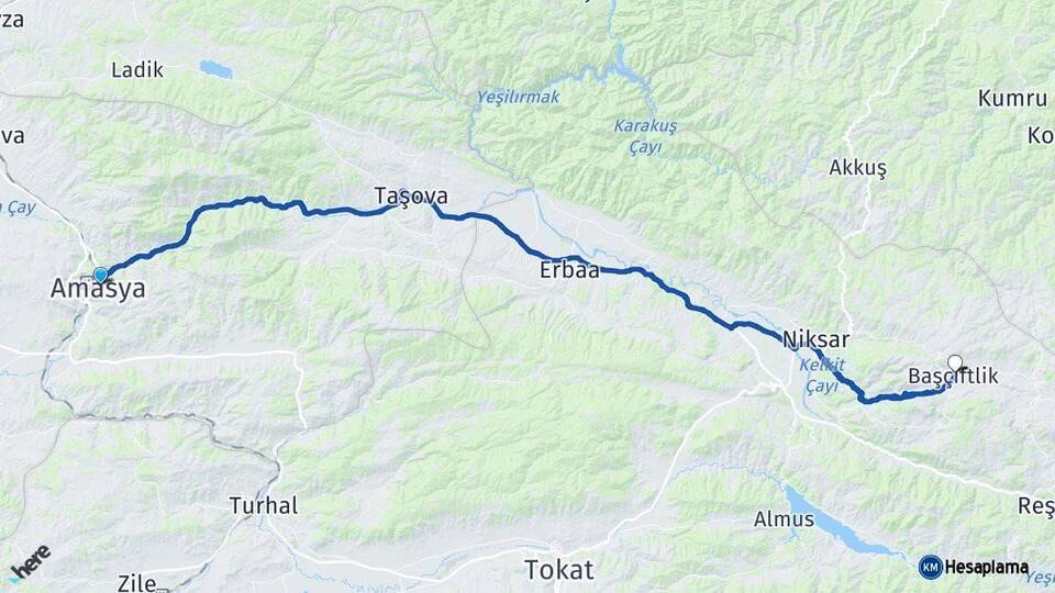 Amasya Başçiftlik Tokat Arası Kaç Km - Yol Haritası
