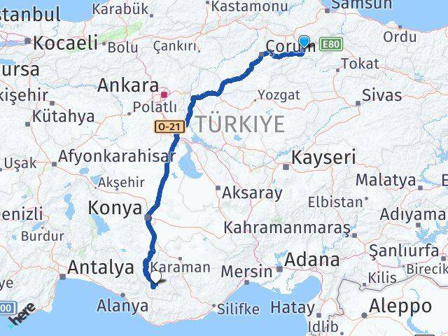 Amasya Başyayla Karaman Arası Kaç Km - Yol Haritası