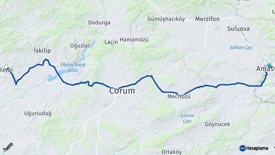 Amasya Bayat Çorum Arası Kaç Km - Yol Haritası