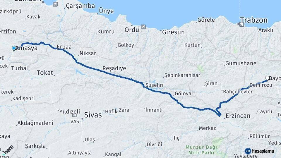 Amasya Bayburt Arası Kaç Km - Yol Haritası
