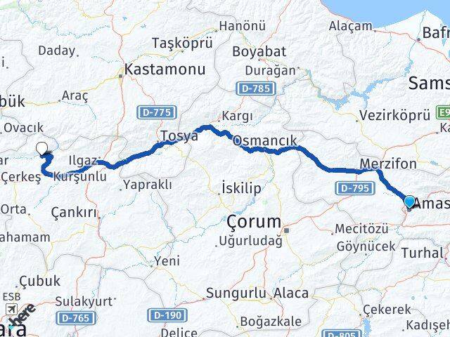 Amasya Bayramören Çankırı Arası Kaç Km - Yol Haritası