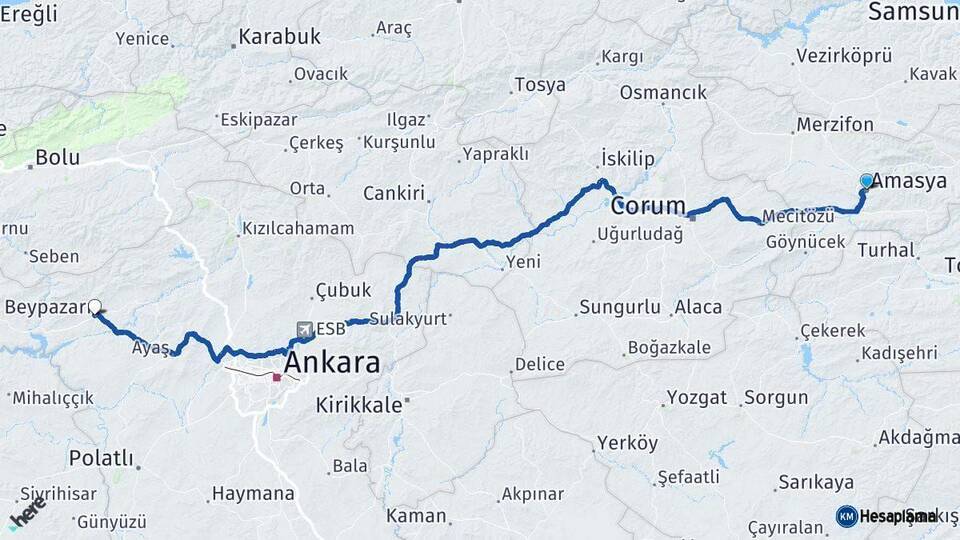 Amasya Beypazarı Ankara Arası Kaç Km - Yol Haritası