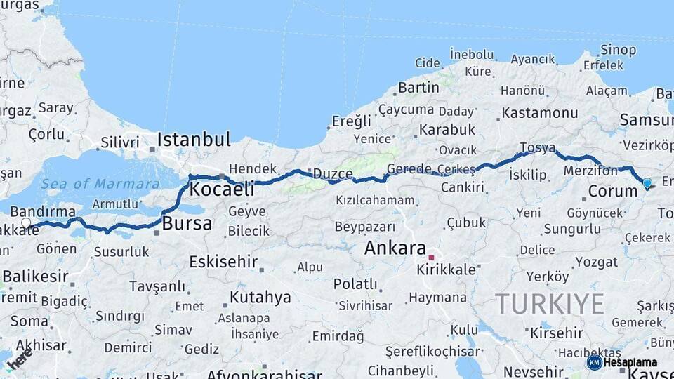 Amasya Biga Çanakkale Arası Kaç Km - Yol Haritası