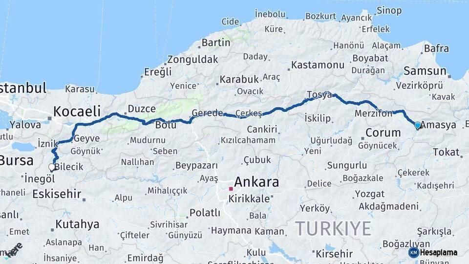 Amasya Bilecik Arası Kaç Km - Yol Haritası