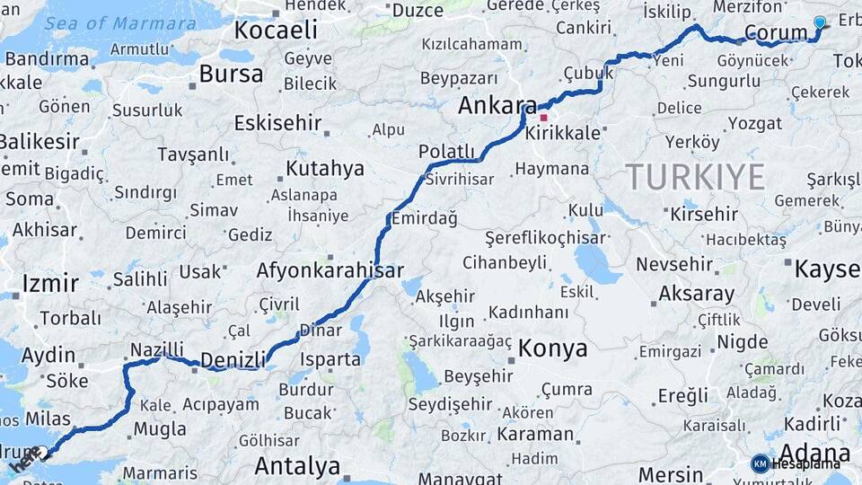Amasya Bodrum Muğla Arası Kaç Km - Yol Haritası