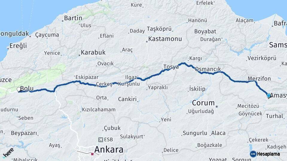 Amasya Bolu Arası Kaç Km - Yol Haritası