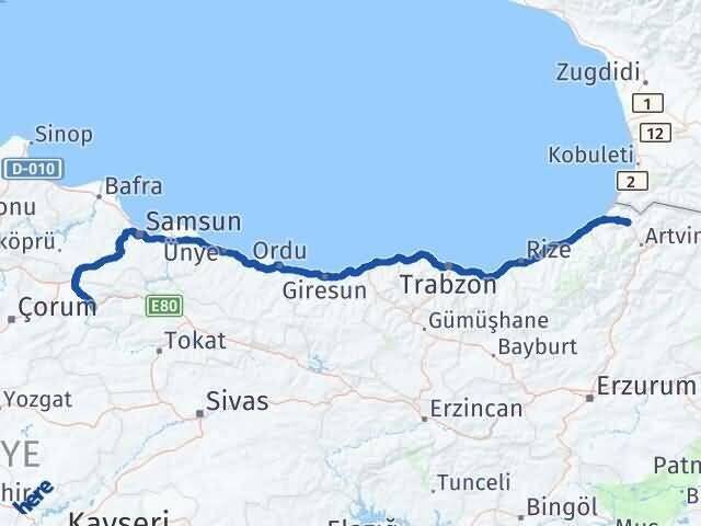 Amasya Borçka Artvin Arası Kaç Km - Yol Haritası