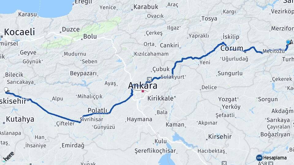 Amasya Bozüyük Bilecik Arası Kaç Km - Yol Haritası
