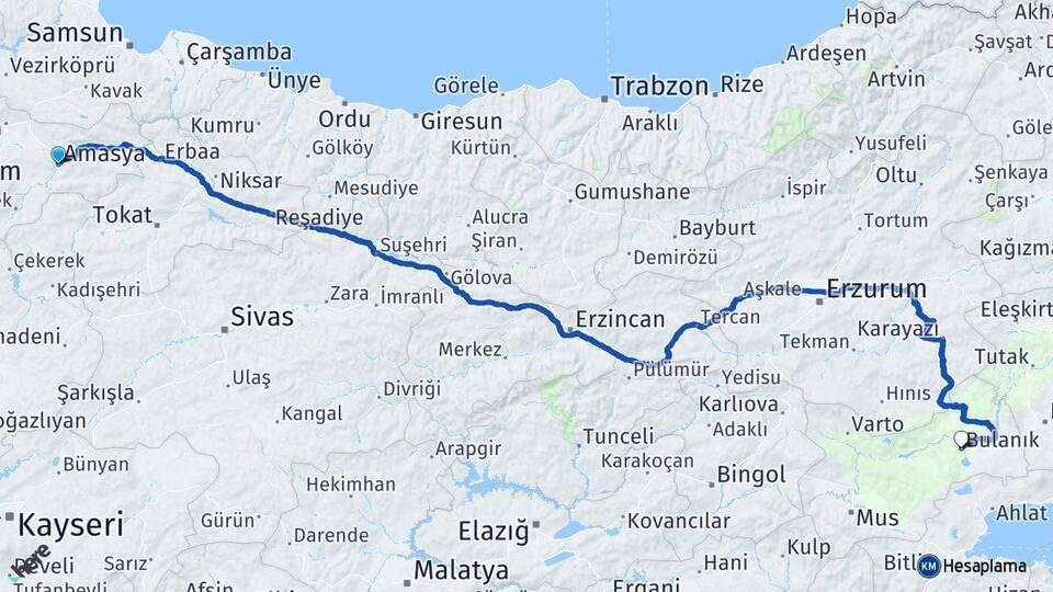 Amasya Bulanık Muş Arası Kaç Km - Yol Haritası