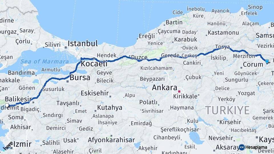Amasya Burhaniye Balıkesir Arası Kaç Km - Yol Haritası