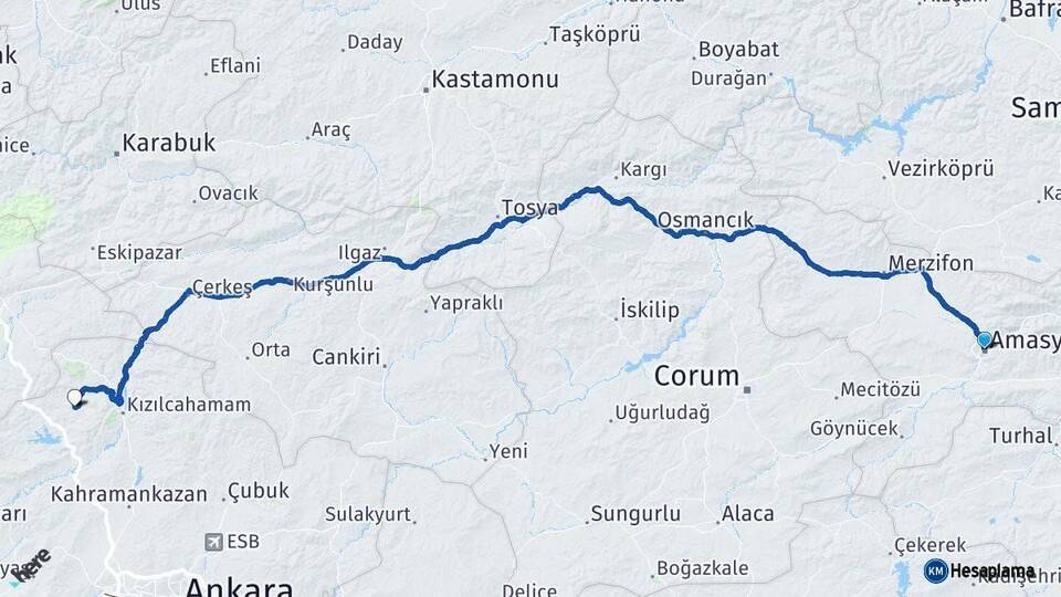 Amasya Çamlıdere Ankara Arası Kaç Km - Yol Haritası