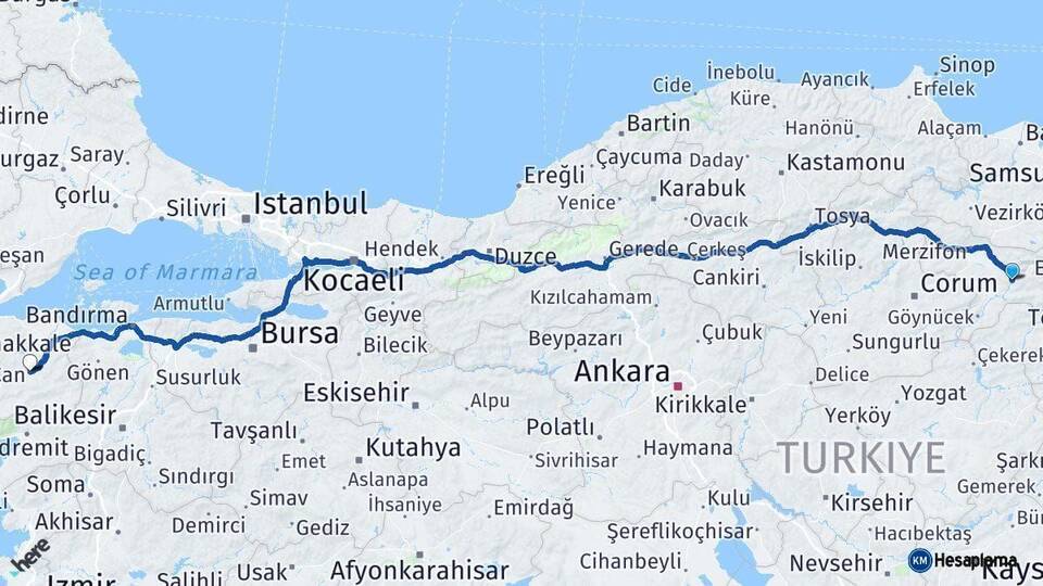 Amasya Çan Çanakkale Arası Kaç Km - Yol Haritası