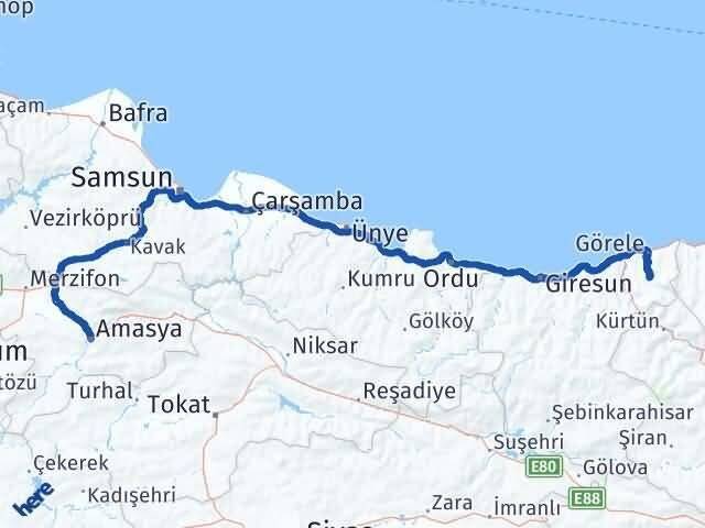 Amasya Çanakçı Giresun Arası Kaç Km - Yol Haritası