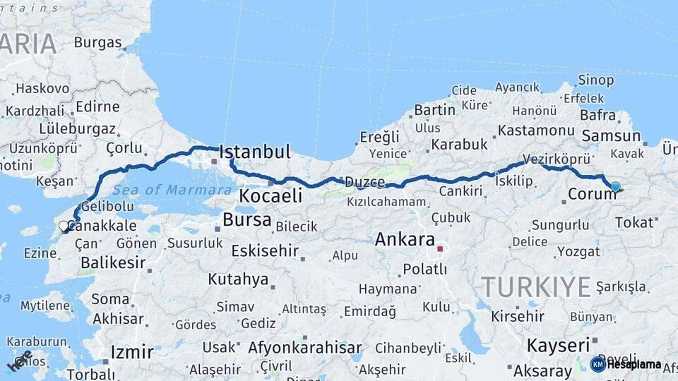 Amasya Çanakkale Arası Kaç Km - Yol Haritası