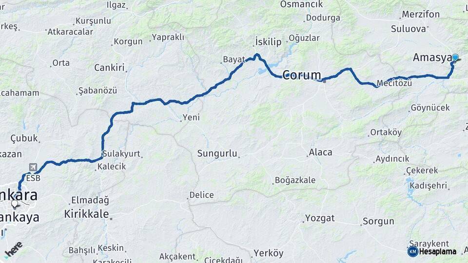 Amasya Çankaya Ankara Arası Kaç Km - Yol Haritası