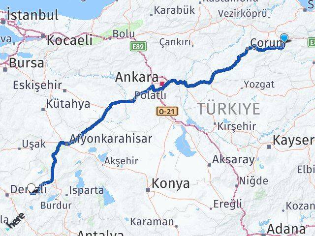 Amasya Çardak Denizli Arası Kaç Km - Yol Haritası