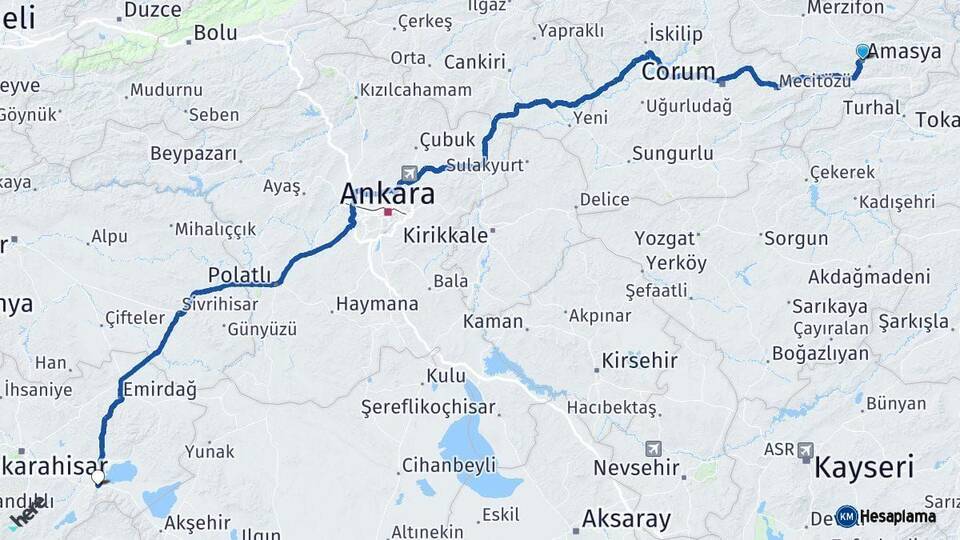 Amasya Çay Afyonkarahisar Arası Kaç Km - Yol Haritası