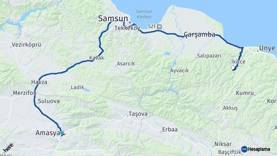 Amasya Çaybaşı Ordu Arası Kaç Km - Yol Haritası