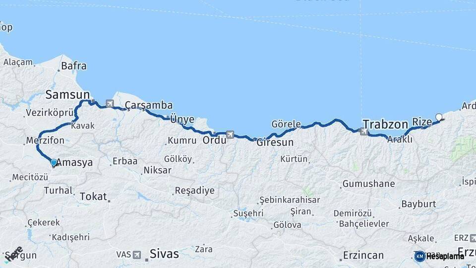 Amasya Çayeli Rize Arası Kaç Km - Yol Haritası