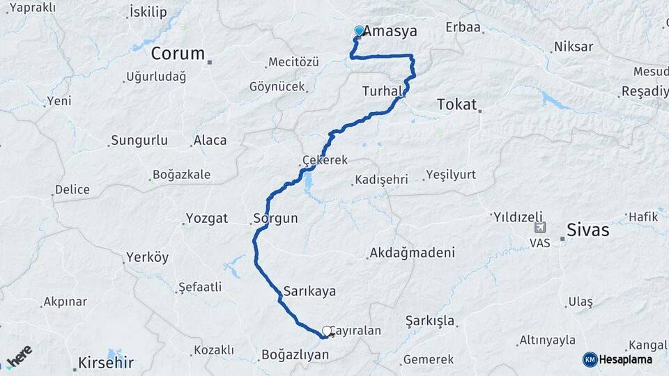 Amasya Çayıralan Yozgat Arası Kaç Km - Yol Haritası