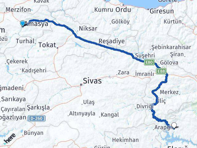 Amasya Çemişgezek Tunceli Arası Kaç Km - Yol Haritası