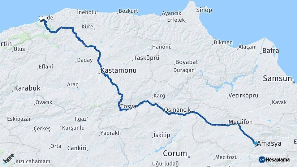 Amasya Cide Kastamonu Arası Kaç Km - Yol Haritası