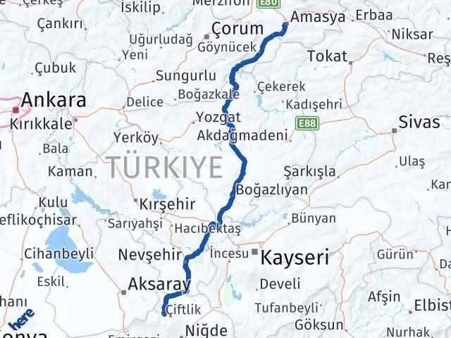 Amasya Çiftlik Niğde Arası Kaç Km - Yol Haritası