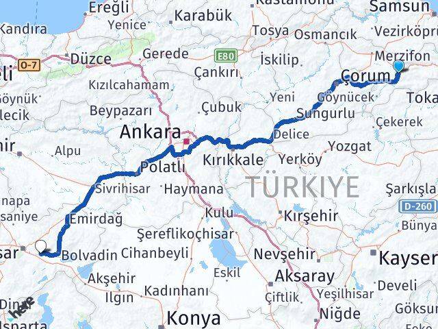 Amasya Çobanlar Afyonkarahisar Arası Kaç Km - Yol Haritası